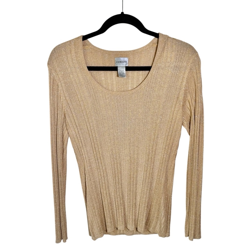 Chicos Holiday Gold Tan Sparkle Long Sleeve Round Neck  Sweater Top 1 Medium